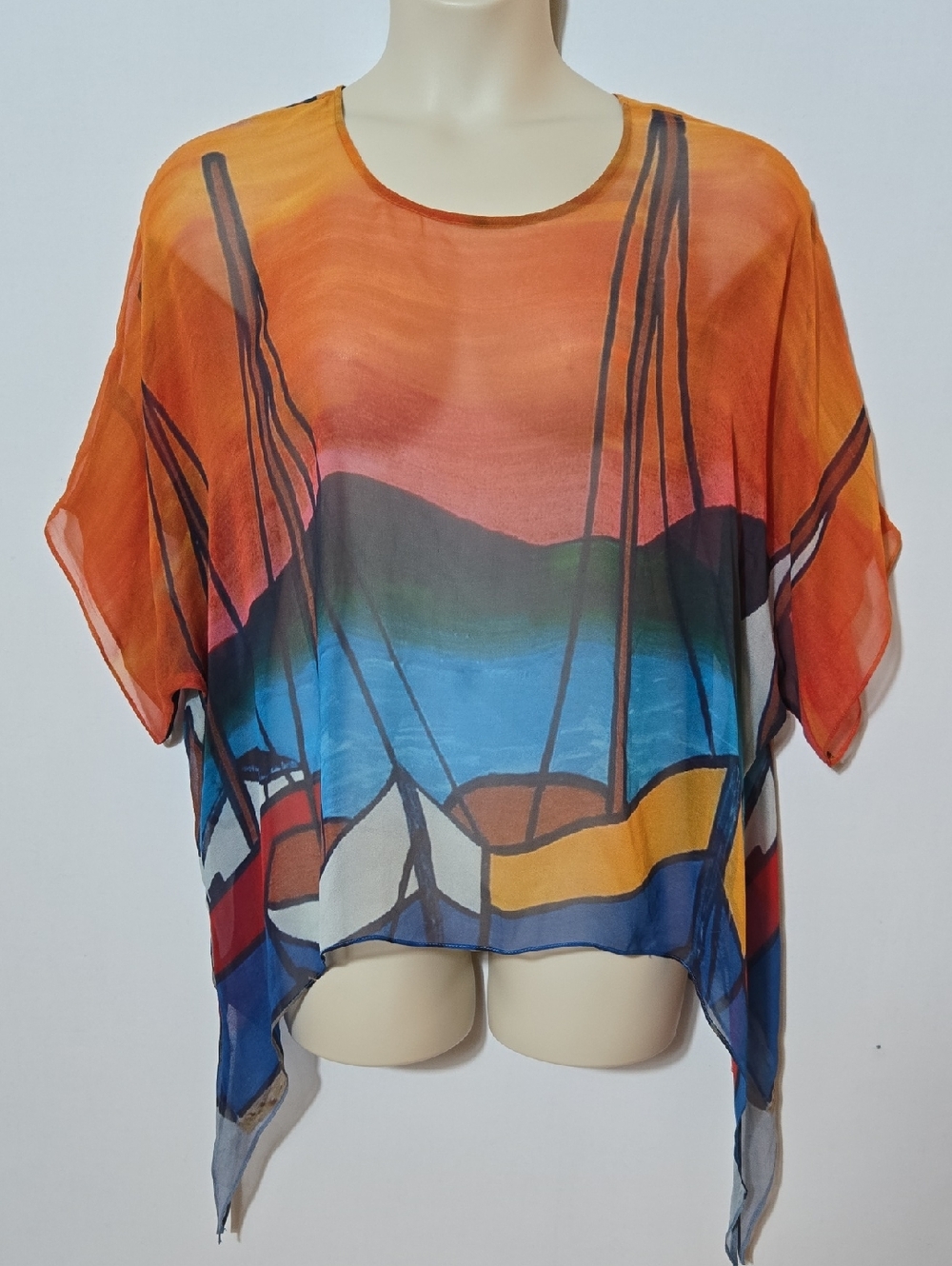 Cocoon House Silk Sheer Kimono Top Poncho S / M‎ Coastal Colorful Wearable Art